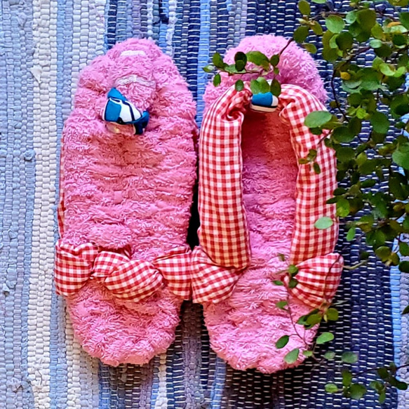 【23㎝】ピンクタオル地の草鞋＋赤ギンガムチェック鼻緒の布草履 3枚目の画像