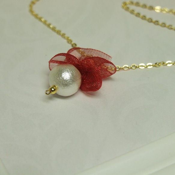 1條純棉珍珠項鍊♡紅絲帶 第2張的照片