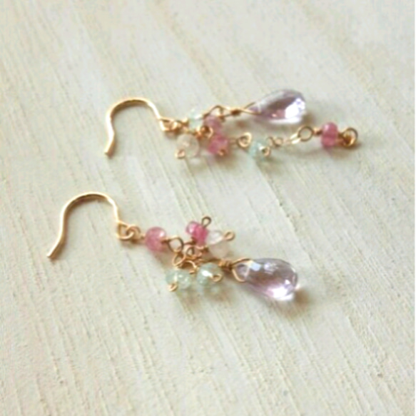 14公斤級耳環♡紫水晶×粉紅色尖晶石×玫瑰石英 第2張的照片