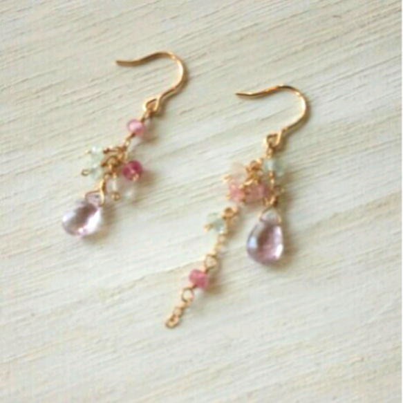 14公斤級耳環♡紫水晶×粉紅色尖晶石×玫瑰石英 第3張的照片