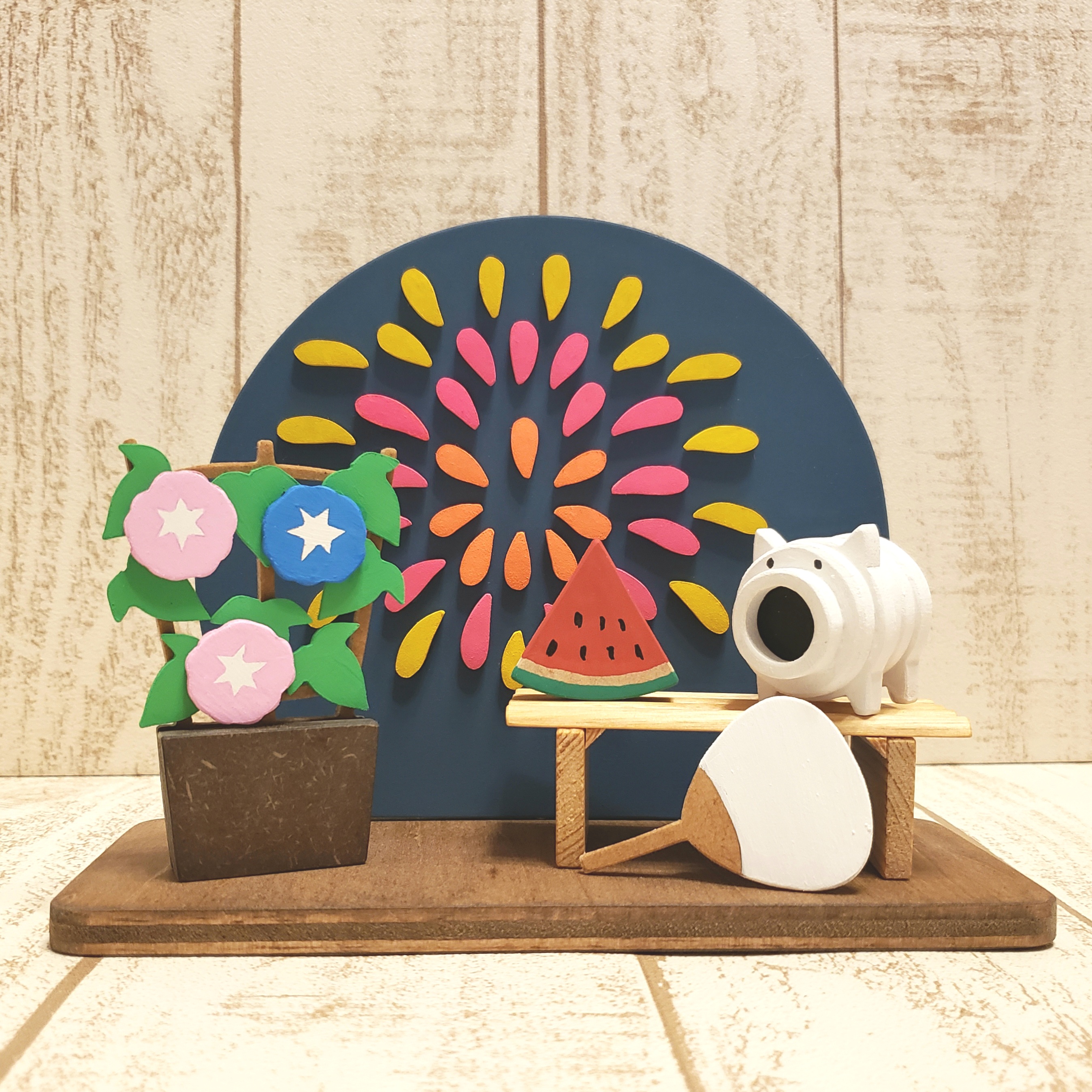 受注制作☆夕涼み☆花火と朝顔の置物☆蚊遣り豚☆スイカ☆団扇☆夏