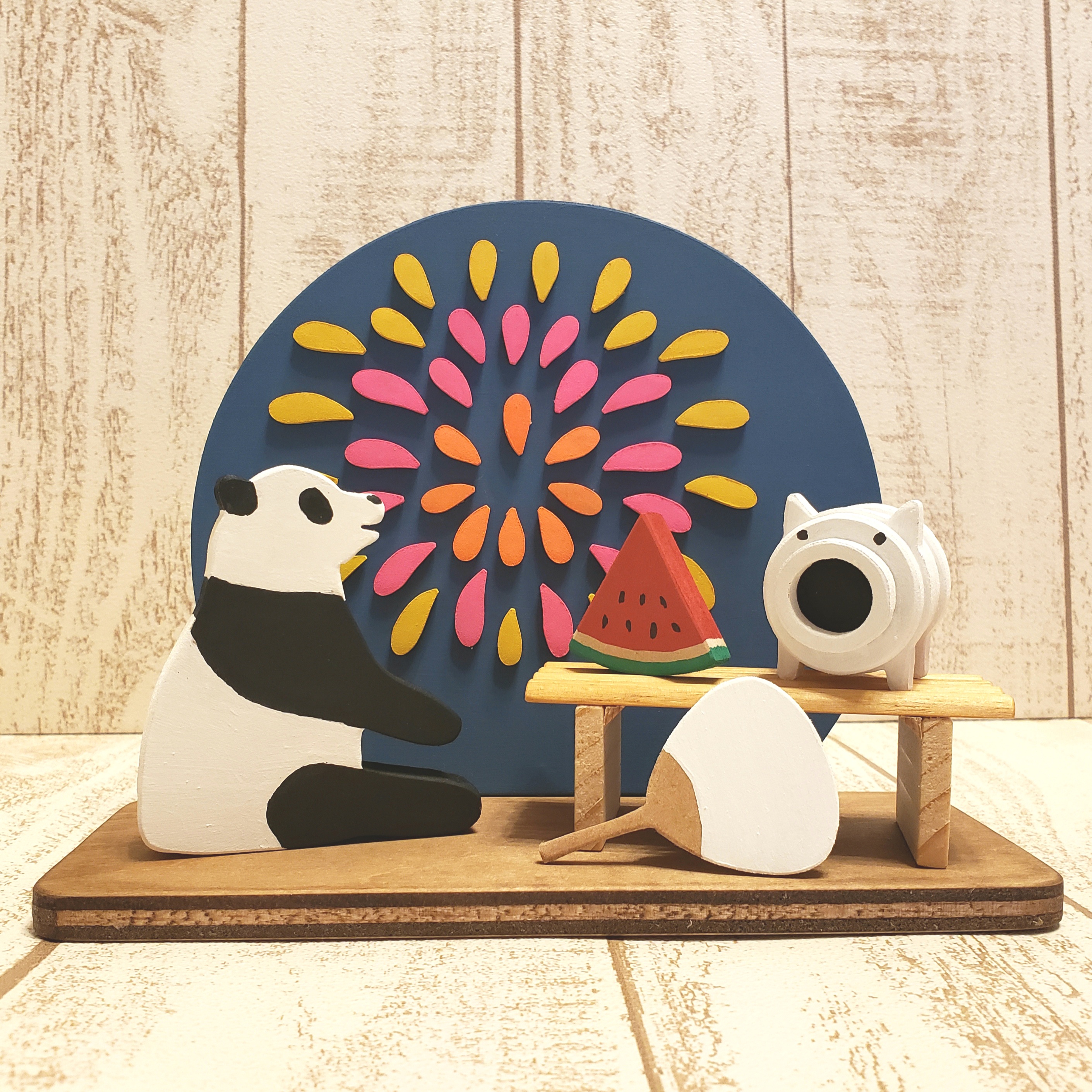 受注制作☆夕涼み☆花火とパンダの置物☆蚊遣り豚☆スイカ☆団扇☆夏☆動物変更も可能！