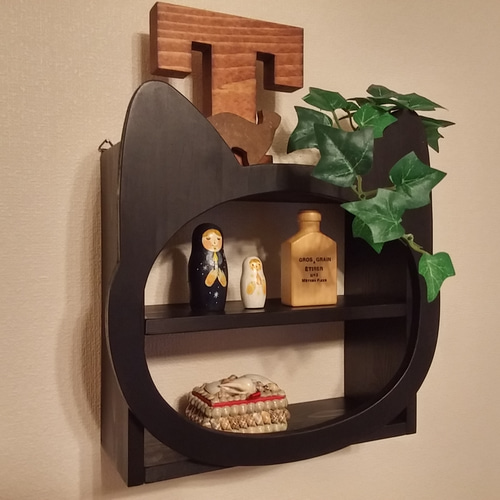 猫の日2026 受注制作☆木製☆ネコ顔飾り棚☆マットブラック 壁掛け