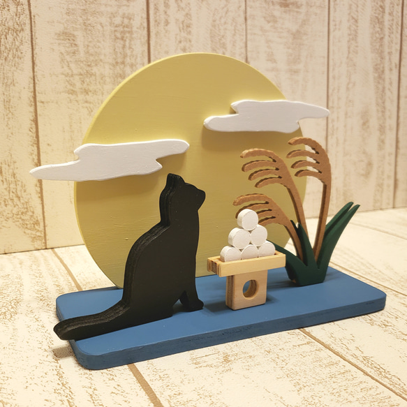 【訂製】木製滿月與黑貓人偶｜內含賞月、中秋月、芒草、賞月餃子｜品種及顏色可訂製 第3張的照片