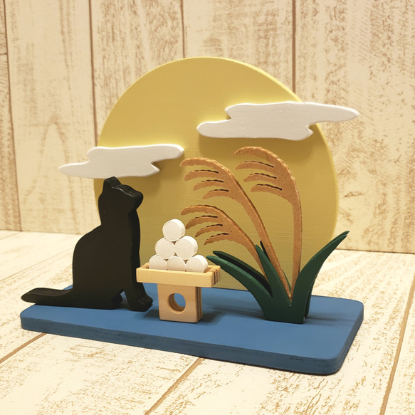 【訂製】木製滿月與黑貓人偶｜內含賞月、中秋月、芒草、賞月餃子｜品種及顏色可訂製 第4張的照片