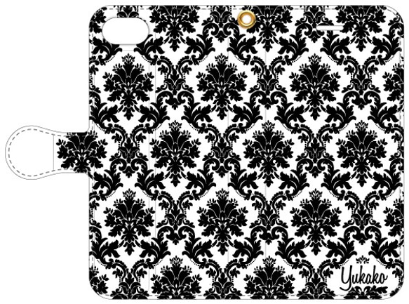 ダマスク柄 お名前ロゴ入り 手帳型iPhoneケース [PC704WTBK] ホワイト 2枚目の画像