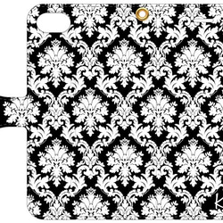 ダマスク柄 お名前ロゴ入り 手帳型iPhoneケース [PC704BKWT] ブラック 2枚目の画像