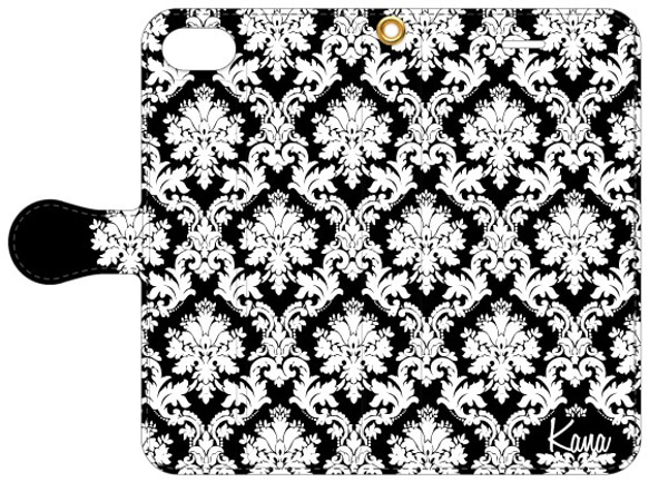 ダマスク柄 お名前ロゴ入り 手帳型iPhoneケース [PC704BKWT] ブラック 2枚目の画像