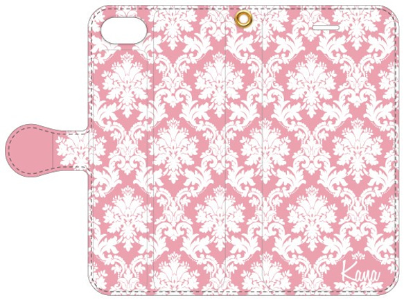 ダマスク柄×お名前ロゴ お名入れができる手帳型iPhoneケース [PC704PKWT] ピンク 2枚目の画像
