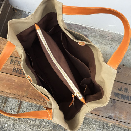 帆布トートバッグ　本革ハンドル（栃木レザー）　マッシュルーム tanton:マッシュルーム（倉敷帆布×栃木レザートートバッグ