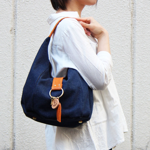 polta-mini：デニム×キャメル（反応染めデニムセミショルダーバッグ  