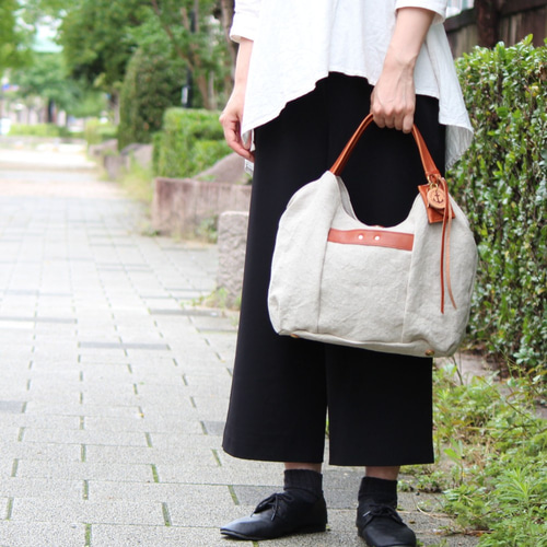 tanton-mini-linen:レッドブラウン（リネン帆布×栃木レザートート  