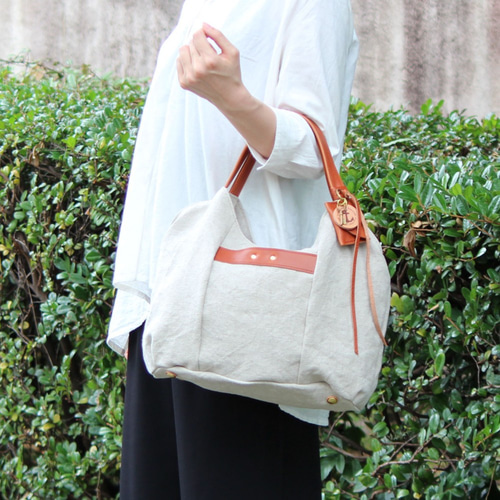 tanton-mini-linen:レッドブラウン（リネン帆布×栃木レザートート  