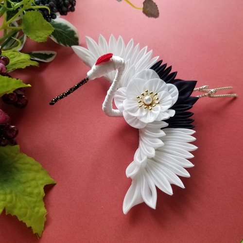 つまみ細工キット☆【自分で作る】正絹花鶴の髪飾り☆てふてふ堂