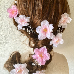 プリザーブドフラワー○ラプンツェルヘア○桜とかすみ草とパールのヘッドドレス16本セット髪飾り 1枚目の画像