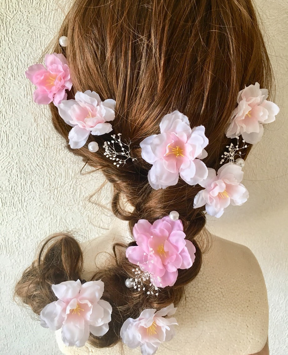 プリザーブドフラワー○ラプンツェルヘア○桜とかすみ草とパールのヘッドドレス16本セット髪飾り 1枚目の画像