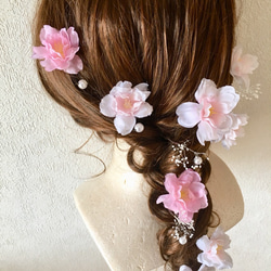 プリザーブドフラワー○ラプンツェルヘア○桜とかすみ草とパールのヘッドドレス16本セット髪飾り 2枚目の画像
