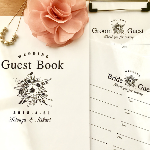 【 送料無料 】結婚式 芳名用紙 芳名帳 アネモネブーケ02 名前のみ【32名分】＋表紙 1枚 ゲストブック 春婚 1枚目の画像