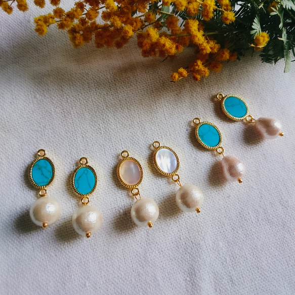 Turquoise × Cotton Pearl リバーシブル ピアス／ノンホールピアス 3枚目の画像