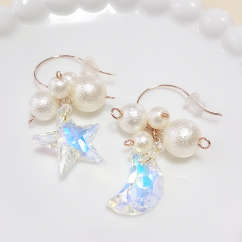 夜空のピアス／限定販売 スワロフスキー＆エアリーパール ピアス 