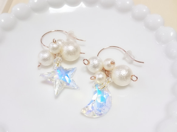 夜空のピアス／限定販売 スワロフスキー＆エアリーパール ピアス  