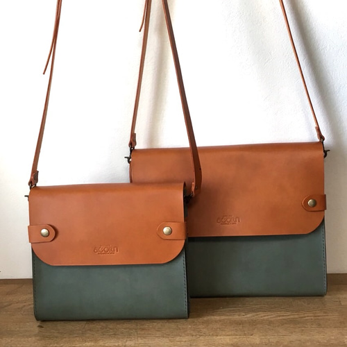 ペアバッグ ショルダーバッグ〈L＆M〉ヌメ革 セージグリーン×キャメル