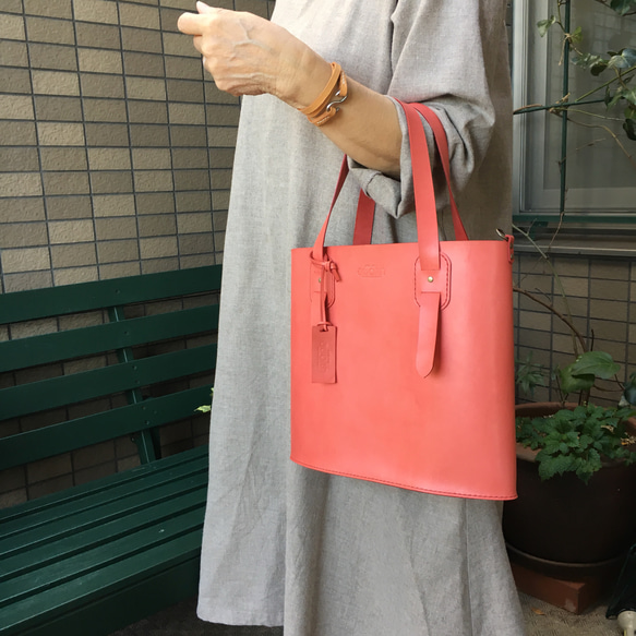 ヌメ革  ミニトートバッグ コーラルピンク  ヌメ革  手縫い  ☆送料無料 5枚目の画像