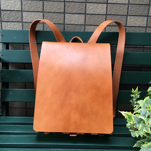 ヌメ革 フルフラップリュック バックパック キャメル 手縫い ☆送料
