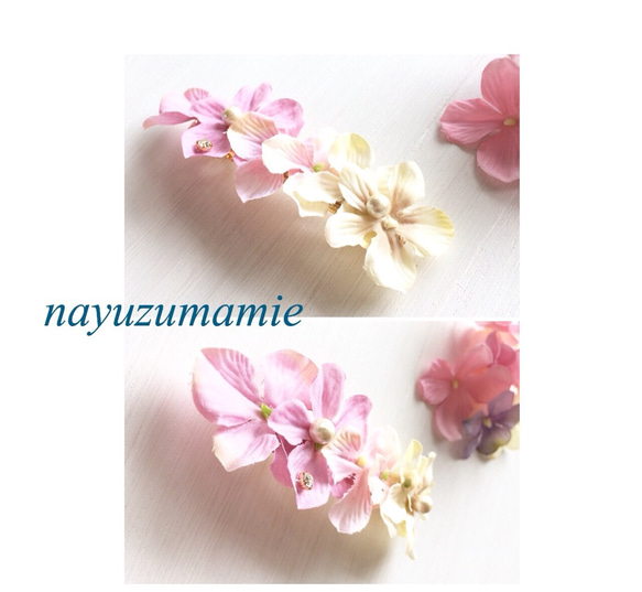 　Creema限定∵∴グラデーションピンク&アイボリー紫陽花∵∴バレッタ【227】 3枚目の画像