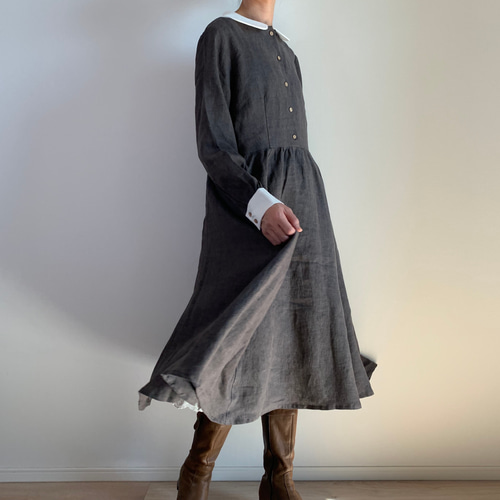 配色丸襟.カフスのレトロワンピース(チャコールブラウン) ワンピース  