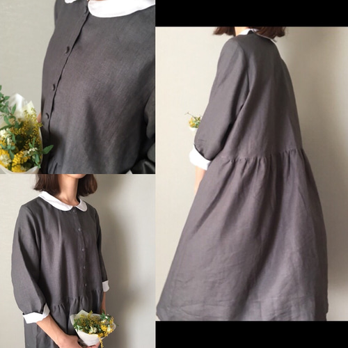 予約受注制作」リネン100%ギャザーワンピース(グレー&白襟) ワンピース