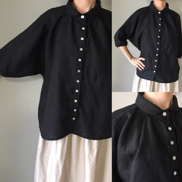 モモンガのようなゆったり~黒リネンシャツ 2枚目の画像