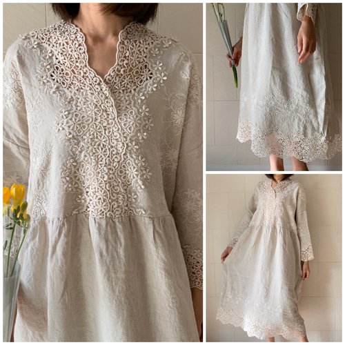 【美品】　ito hari イトハリ　リネン　Vネック　ロングワンピース　レース 美品】 ito hari イトハリ リネン Vネック ロングワンピース レース
