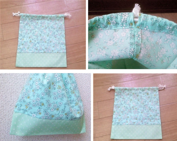 ４０cm×４３cm☆【給食袋・ランチナフキン】set♪　*light green*白花* 2枚目の画像