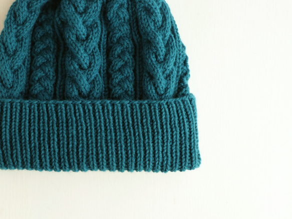 メリノ アラン模様の帽子（緑がかった青）M ～L 5枚目の画像