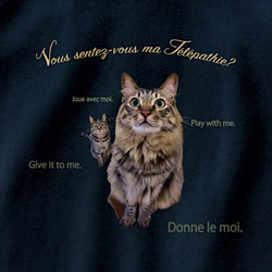 目は口ほどにものを言う猫のテレパシーTシャツ。 1枚目の画像