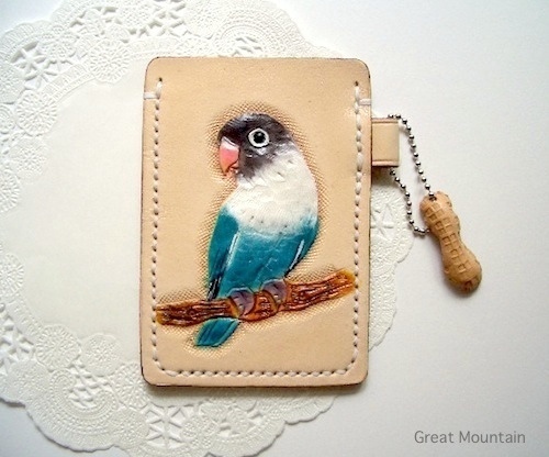 ブルーボタンインコ 鳥 革 ボタンインコ 鳥グッズ レザー カードケース プレゼント インコグッズ パスケース
