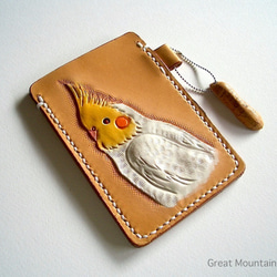 オカメインコ 鳥 革 パスケース　鳥グッズ レザー インコ カードケース プレゼント 4枚目の画像