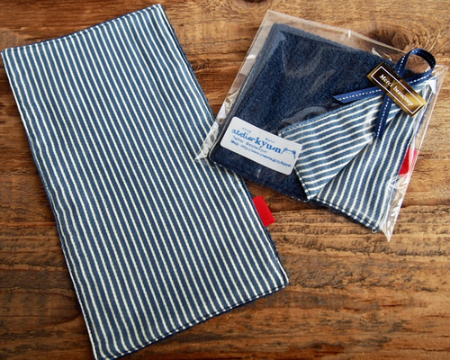 メンズタオルハンカチ○ネイビータオル地×ストライプ柄 小物
