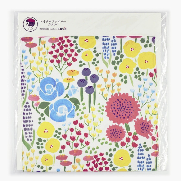 ハンカチタオル「お花畑」 　カラフルなお花がいっぱいのマイクロファイバータオル 1枚目の画像