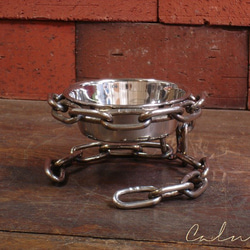 超小型犬～猫用　シングル　食器台　鎖(チェーン）ステンレス　溶接焼け色　食器付き　フードテーブル　アンティーク 2枚目の画像
