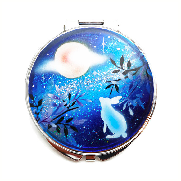 Free Name Round Mirror Tsukimi Rabbit Full Moon Compact Mirror 銀 第2張的照片