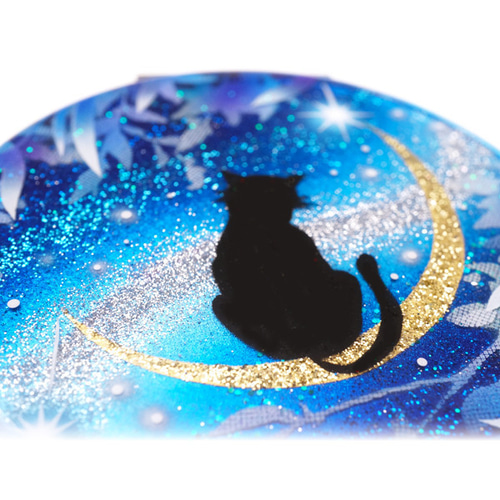 名入れ無料 猫と月 ～星に願いを～ 黒猫Ver. コンパクトミラー 銀箔