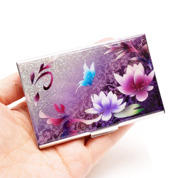 名入れ無料 カードケース 蓮と蝶 名刺ケース 銀箔 4枚目の画像
