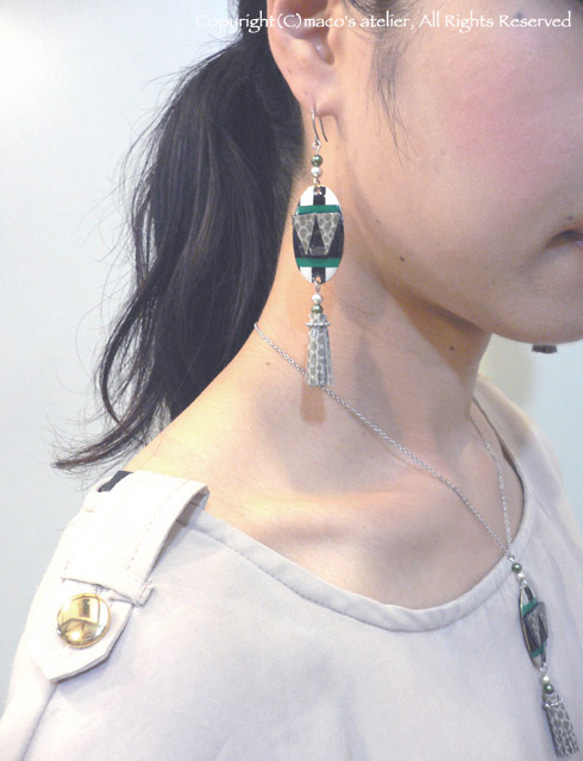 皮革流蘇[米色×綠色] SV925耳環耳環接受 第3張的照片