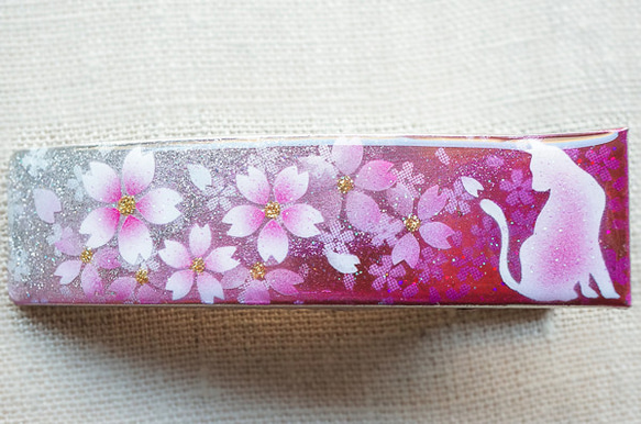 ヘアクリップ 桜と猫 紅紫色 純銀箔　hc37 2枚目の画像
