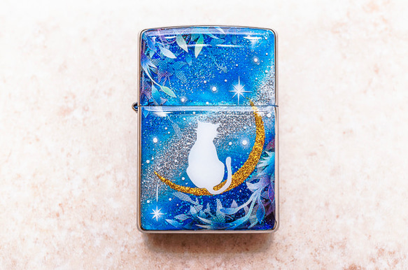 名入れ無料 ZIPPO　猫と月～星に願いを～　ジッポ　ライター　箱付き 1枚目の画像