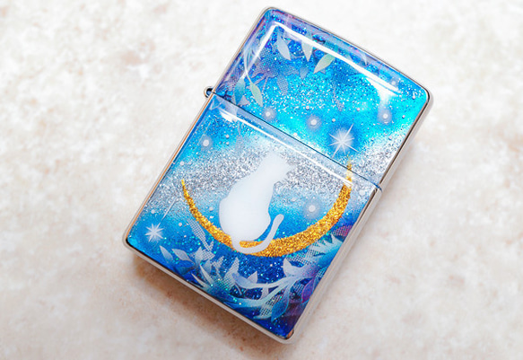 名入れ無料 ZIPPO　猫と月～星に願いを～　ジッポ　ライター　箱付き 2枚目の画像