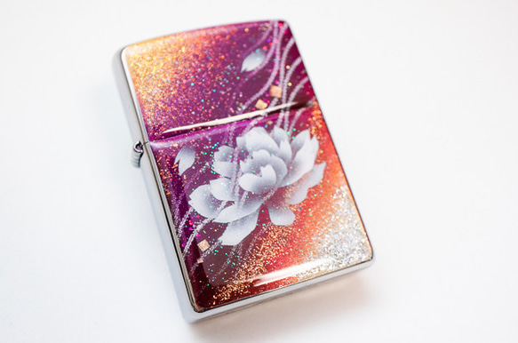 名入れ無料 ZIPPO 牡丹 金箔 ジッポ ライター 箱付き　銀箔 2枚目の画像