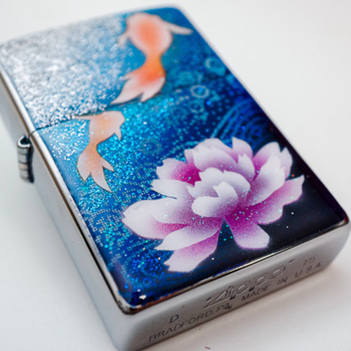名入れ無料 ZIPPO 牡丹と金魚 ジッポ ライター 箱付き 銀箔 小物
